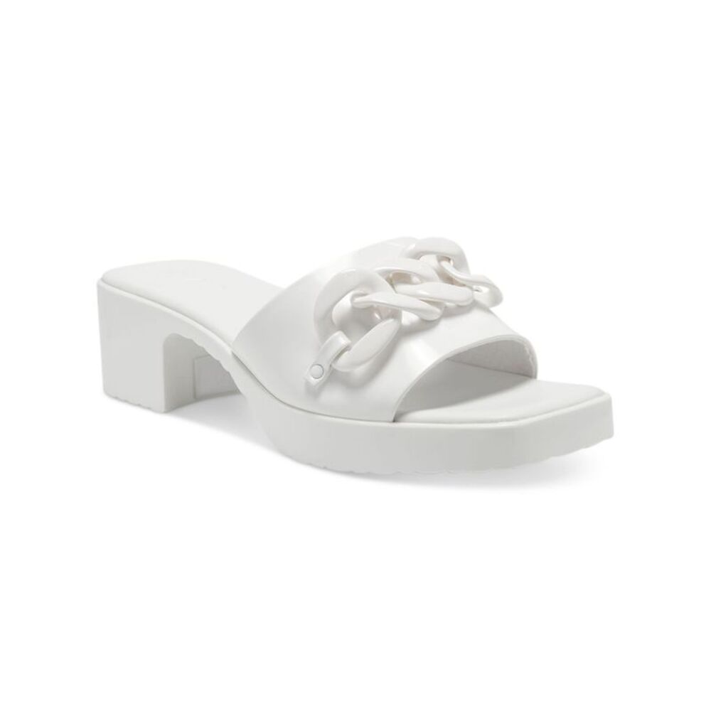 INC Womens White Chain Rozie Square Toe Block Heel Slip On Heeled Sandal 10 M